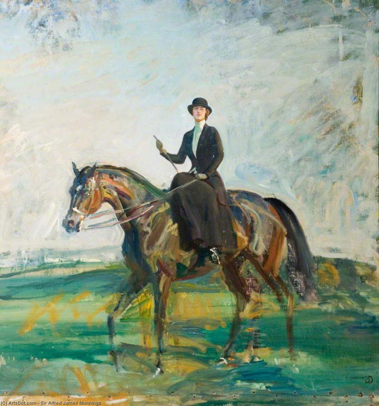 Wikioo.org - The Encyclopedia of Fine Arts - Painting, Artwork by Alfred James Munnings - Lady Munnings Riding A Bay Hunter