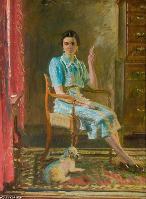 Wikioo.org - The Encyclopedia of Fine Arts - Painting, Artwork by Alfred James Munnings - Miss Hancock, Seated Smoking With A Dog In An Interior