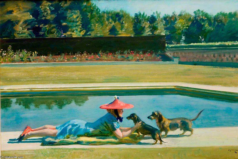 Wikioo.org - The Encyclopedia of Fine Arts - Painting, Artwork by Alfred James Munnings - Mrs J. V. Rank At Druids' Lodge By The Swimming Pool