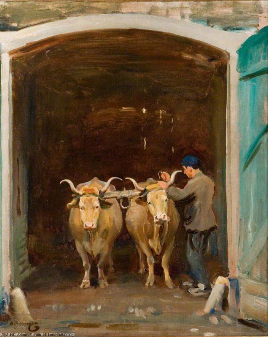 Wikioo.org - The Encyclopedia of Fine Arts - Painting, Artwork by Alfred James Munnings - Oxen At An Archway Being Yoked, At Baron Robert's Estate, Chantilly