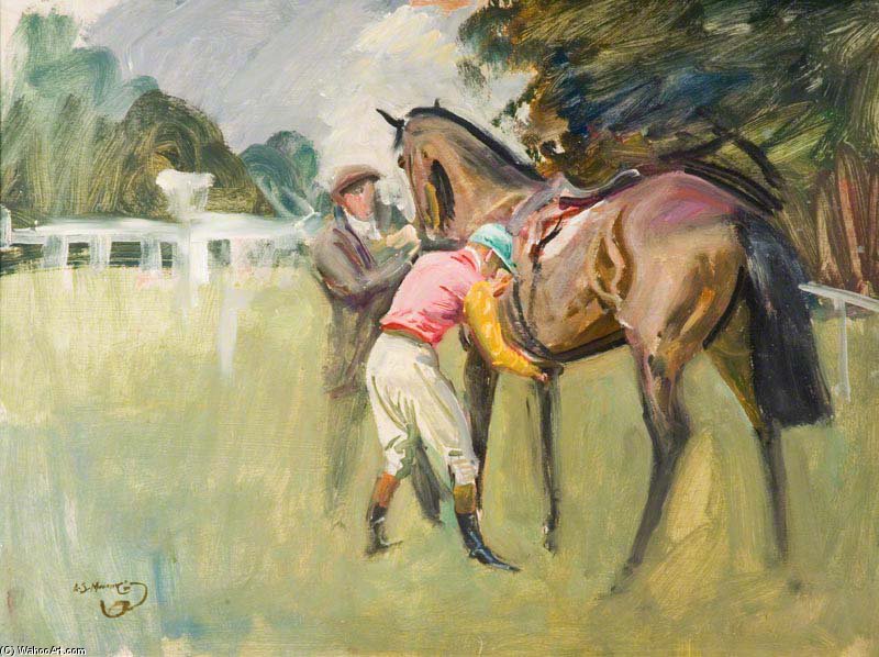 Wikioo.org - สารานุกรมวิจิตรศิลป์ - จิตรกรรม Alfred James Munnings - Unsaddling Of A Bay Racehorse, Stanley Wooton Colours