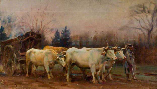 Wikioo.org - The Encyclopedia of Fine Arts - Painting, Artwork by Alfred James Munnings - White Oxen, Baron Robert's Estate, Chantilly
