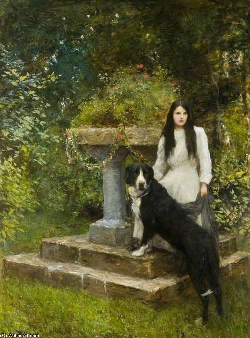 WikiOO.org - Encyclopedia of Fine Arts - Schilderen, Artwork Hubert Von Herkomer - Gwenddydd, And Her Dog In A Garden