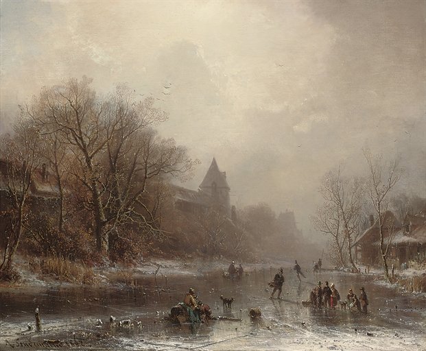 Wikioo.org - The Encyclopedia of Fine Arts - Painting, Artwork by Adolf Stademann - Skaters In A Winter Landscape