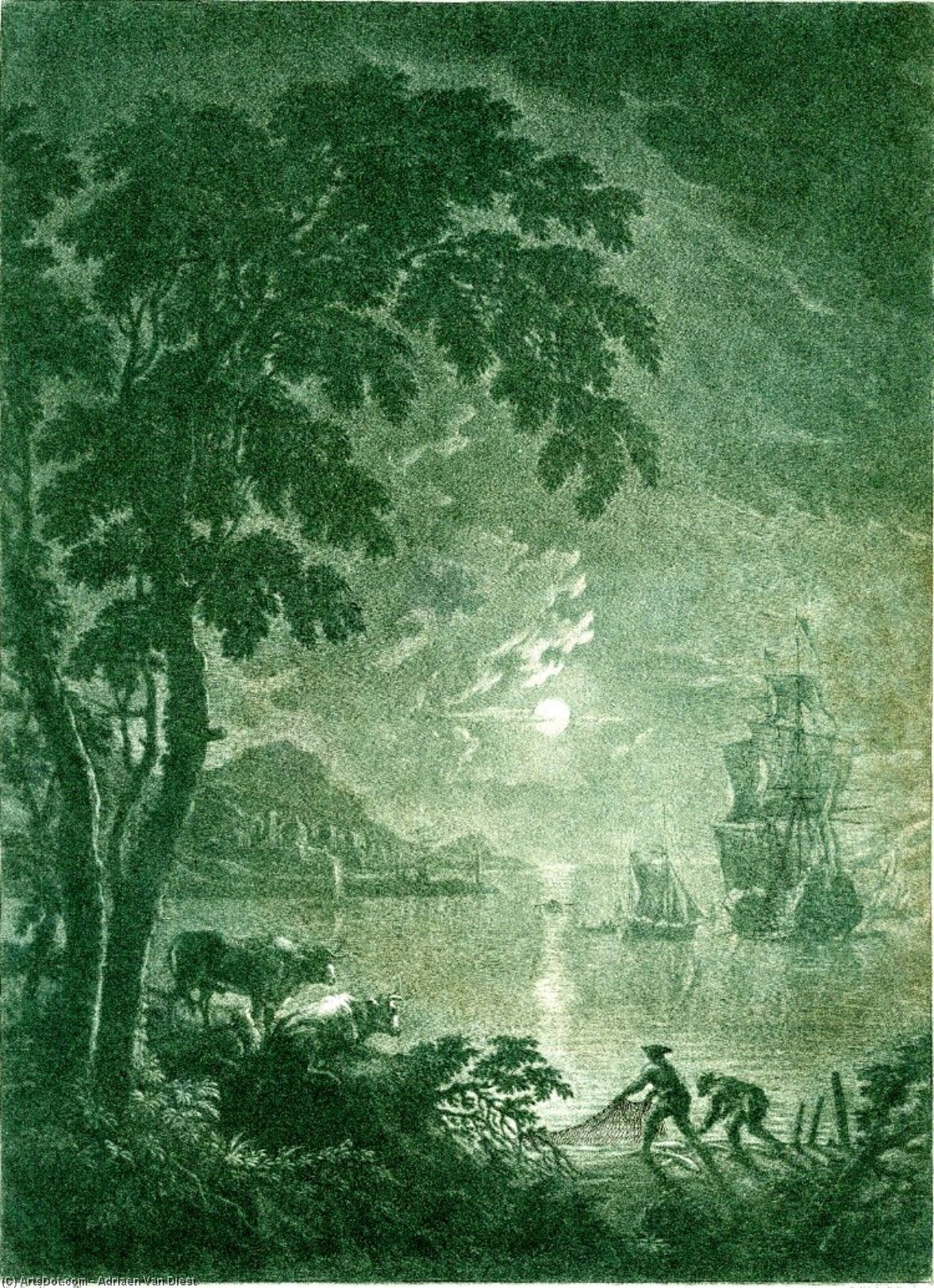 Wikioo.org - The Encyclopedia of Fine Arts - Painting, Artwork by Adriaen Van Diest - Landscape, Moonlit View Of A Strech Of Calm Water With A Ship To Right And Smaller Boats Around It