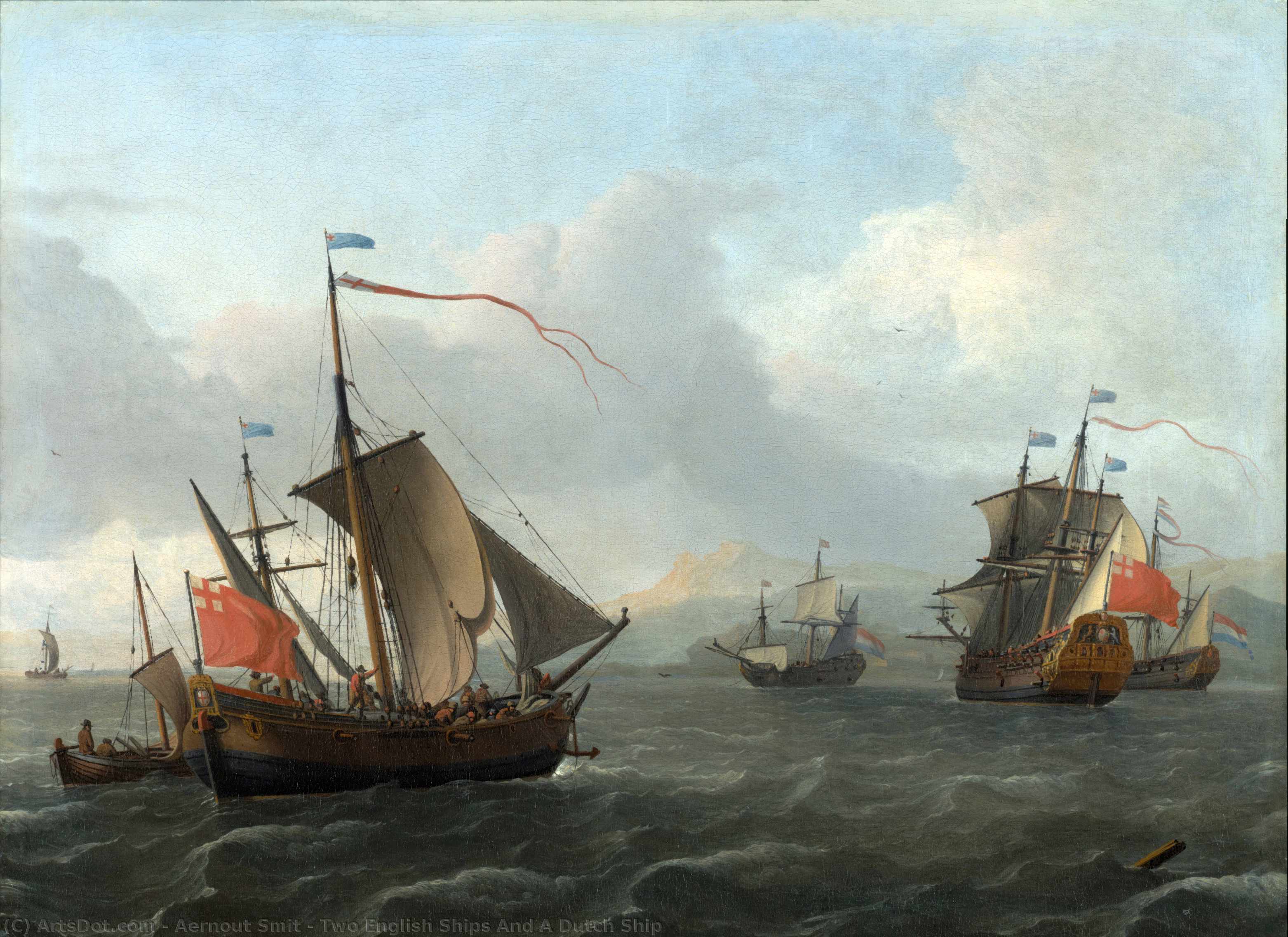 Wikoo.org - موسوعة الفنون الجميلة - اللوحة، العمل الفني Aernout Smit - Two English Ships And A Dutch Ship