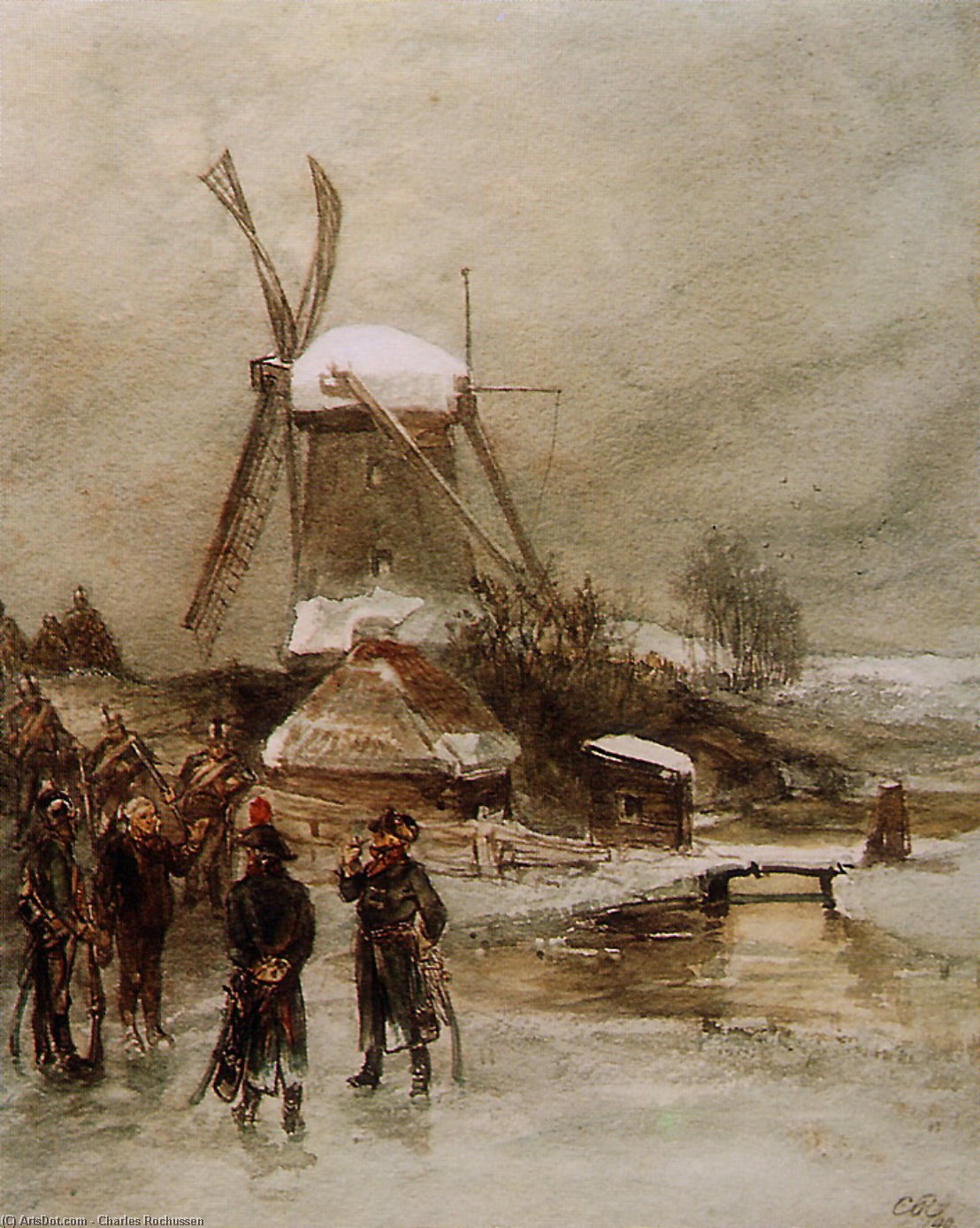 Wikioo.org - The Encyclopedia of Fine Arts - Painting, Artwork by Charles Rochussen - French Troops At Dutch Mill Sun