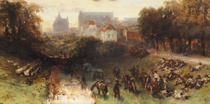 Wikioo.org - The Encyclopedia of Fine Arts - Painting, Artwork by Charles Rochussen - Resting French Soldiers Near A Dutch Town
