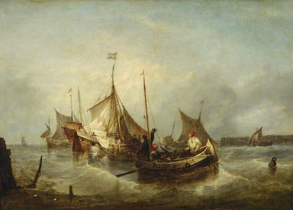 Wikioo.org - The Encyclopedia of Fine Arts - Painting, Artwork by Clarkson Frederick Stanfield - A Fishing Boat With Dutch Ships In A Harbour