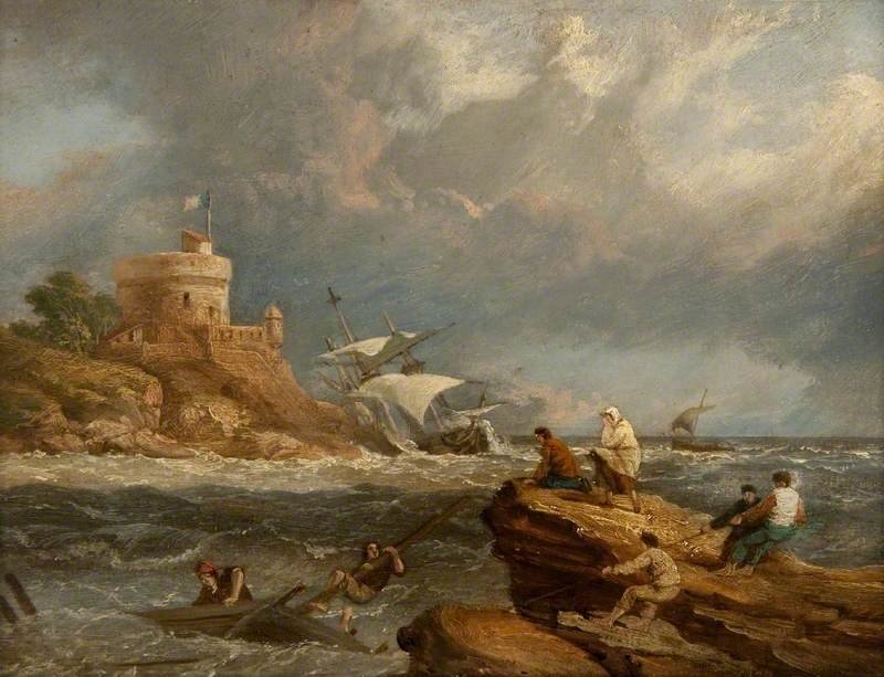 WikiOO.org - Enciklopedija dailės - Tapyba, meno kuriniai Clarkson Frederick Stanfield - Rocky Seascape With A Shipwreck