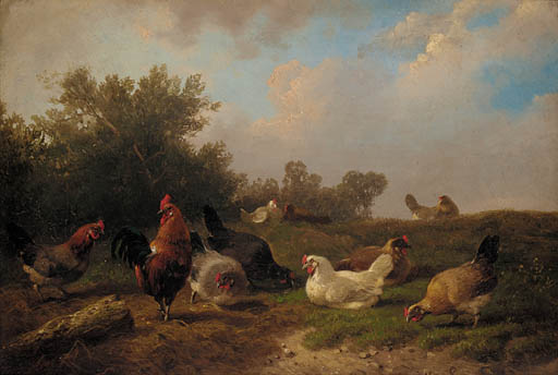 WikiOO.org - دایره المعارف هنرهای زیبا - نقاشی، آثار هنری Cornelis Van Leemputten - A Cockerell And Hens Feeding By A Tree-stump