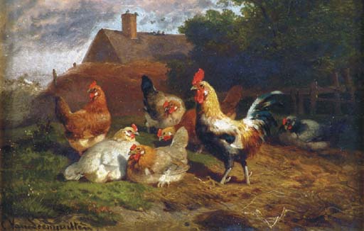 Wikioo.org - The Encyclopedia of Fine Arts - Painting, Artwork by Cornelis Van Leemputten - A Rooster And Hens In A Barnyard