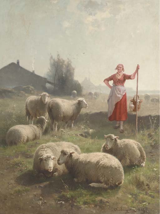 Wikioo.org - The Encyclopedia of Fine Arts - Painting, Artwork by Cornelis Van Leemputten - A Shepherdess And Her Flock
