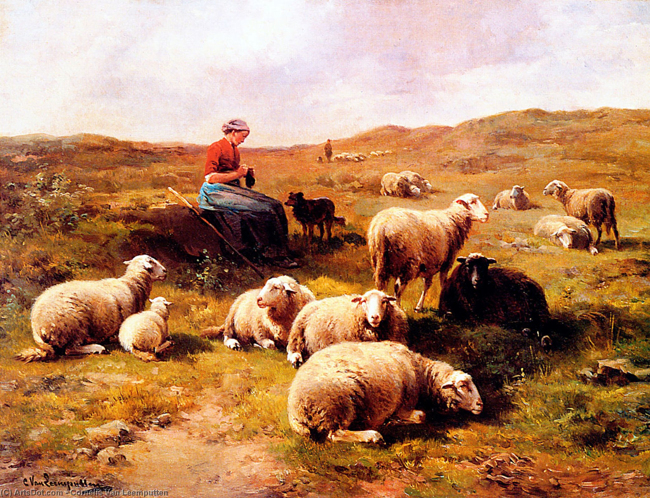 Wikioo.org - The Encyclopedia of Fine Arts - Painting, Artwork by Cornelis Van Leemputten - A Shepherdess With Her Flock