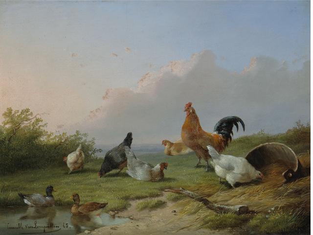 Wikioo.org - The Encyclopedia of Fine Arts - Painting, Artwork by Cornelis Van Leemputten - Chickens And Ducks In A Landscape