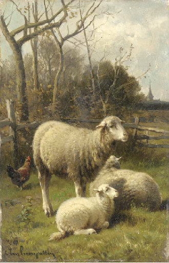 Wikioo.org - The Encyclopedia of Fine Arts - Painting, Artwork by Cornelis Van Leemputten - Sheep And A Hen In A Barnyard