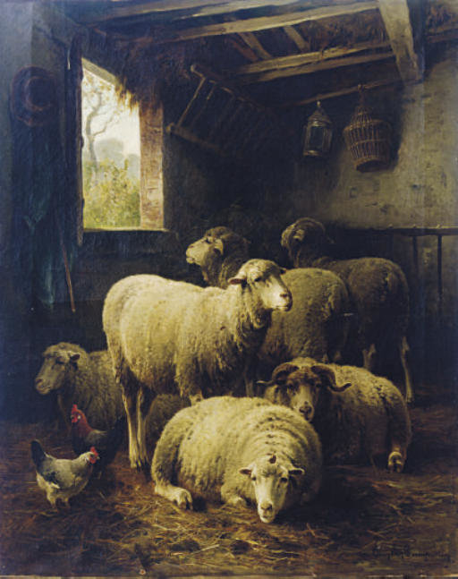 Wikioo.org - สารานุกรมวิจิตรศิลป์ - จิตรกรรม Cornelis Van Leemputten - Sheep In A Barn