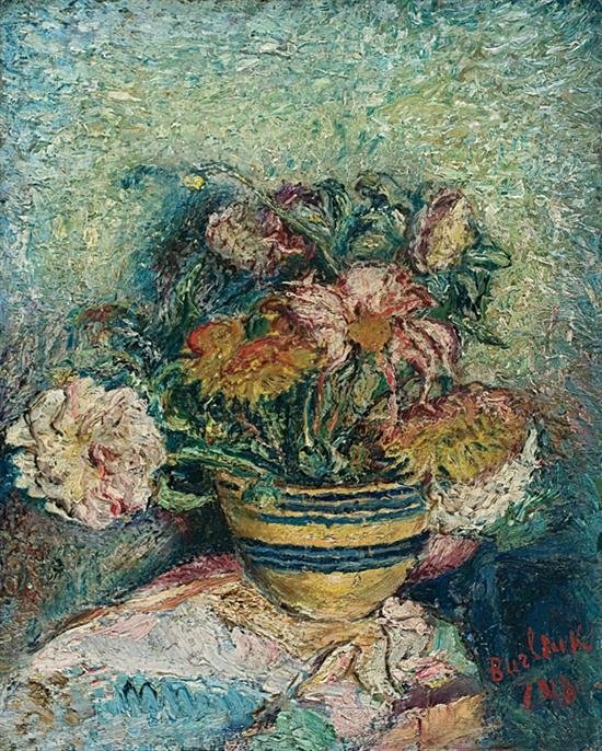 WikiOO.org - Encyclopedia of Fine Arts - Malba, Artwork David Davidovich Burliuk - Flowers In A Yellowware Bowl