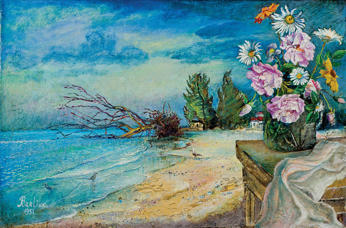 Wikioo.org - The Encyclopedia of Fine Arts - Painting, Artwork by David Davidovich Burliuk - Flowers Near A Beach