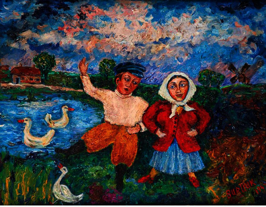 WikiOO.org - Enciklopedija likovnih umjetnosti - Slikarstvo, umjetnička djela David Davidovich Burliuk - Peasants By A Duck Pond