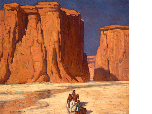 Wikioo.org - The Encyclopedia of Fine Arts - Painting, Artwork by Edgar Alwin Payne - Indians On Horseback Riding Through Canyon De Chelly