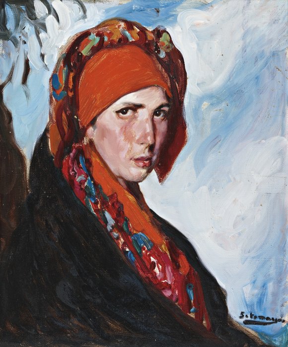 Wikioo.org - The Encyclopedia of Fine Arts - Painting, Artwork by Fernando Alvarez De Sotomayor - Woman With A Red Scarf