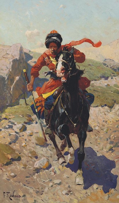 Wikoo.org - موسوعة الفنون الجميلة - اللوحة، العمل الفني Franz Alexeevich Roubaud - A Caucasian Riding His Horse At Full Gallop