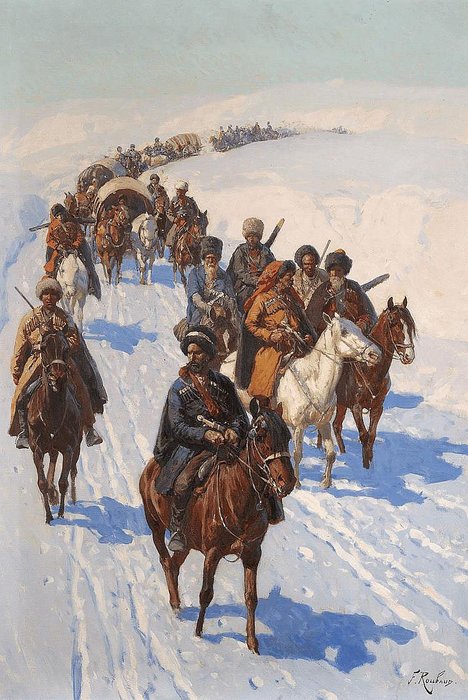 WikiOO.org - Енциклопедия за изящни изкуства - Живопис, Произведения на изкуството Franz Alexeevich Roubaud - A Group Of Cossacks Returning Home In A Winter Landscape