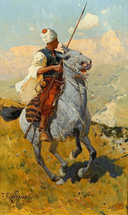 Wikioo.org - สารานุกรมวิจิตรศิลป์ - จิตรกรรม Franz Roubaud - Armed Circassian Horse Galloping