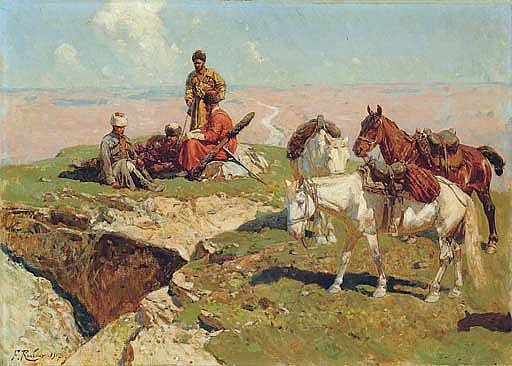 Wikioo.org - The Encyclopedia of Fine Arts - Painting, Artwork by Franz Roubaud - Caucasian Riders Signed