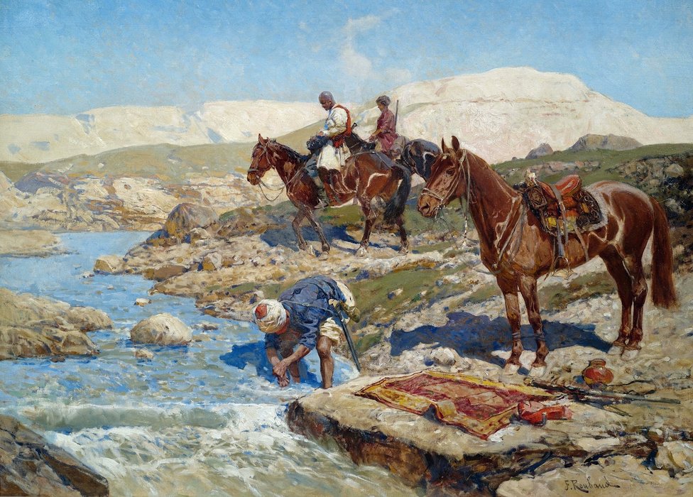 Wikioo.org - The Encyclopedia of Fine Arts - Painting, Artwork by Franz Roubaud - Circassian Horsemen At A River