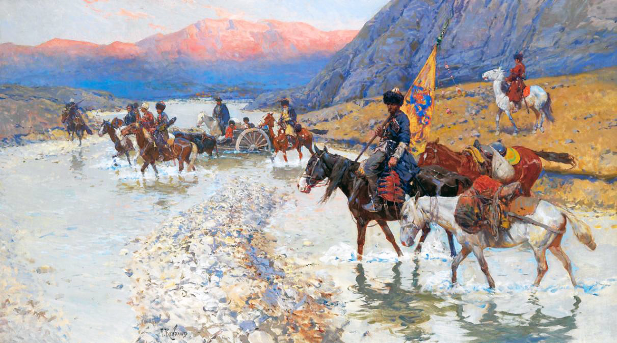 Wikioo.org - The Encyclopedia of Fine Arts - Painting, Artwork by Franz Roubaud - Circassians Crossing A River At Sunset