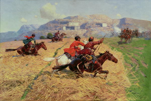 Wikioo.org - The Encyclopedia of Fine Arts - Painting, Artwork by Franz Alexeevich Roubaud - Cossacks Charging Into Battle