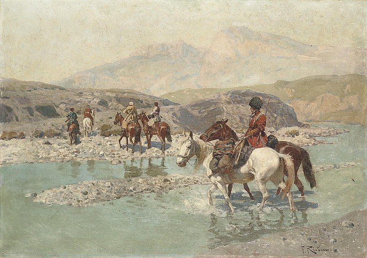 Wikioo.org - The Encyclopedia of Fine Arts - Painting, Artwork by Franz Alexeevich Roubaud - Cossacks Crossing A River