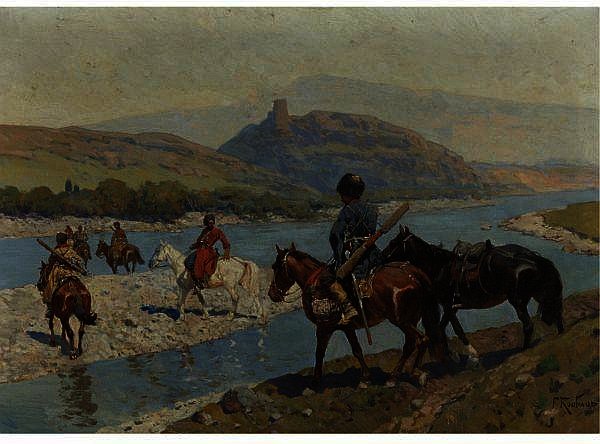 Wikioo.org - The Encyclopedia of Fine Arts - Painting, Artwork by Franz Alexeevich Roubaud - Cossacks Crossing The River