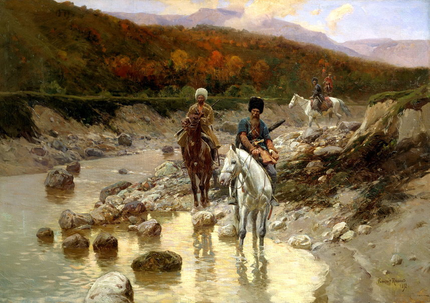 Wikioo.org - The Encyclopedia of Fine Arts - Painting, Artwork by Franz Alexeevich Roubaud - Cossacks In The Mountain River