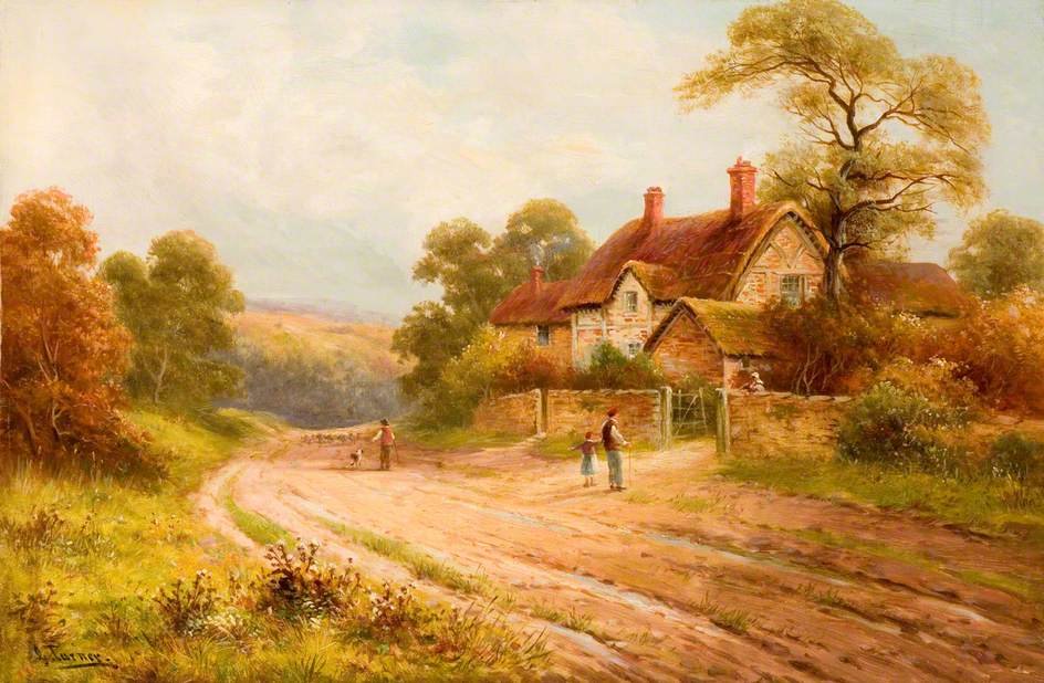 WikiOO.org - Güzel Sanatlar Ansiklopedisi - Resim, Resimler George Turner - Country Lane With Cottage