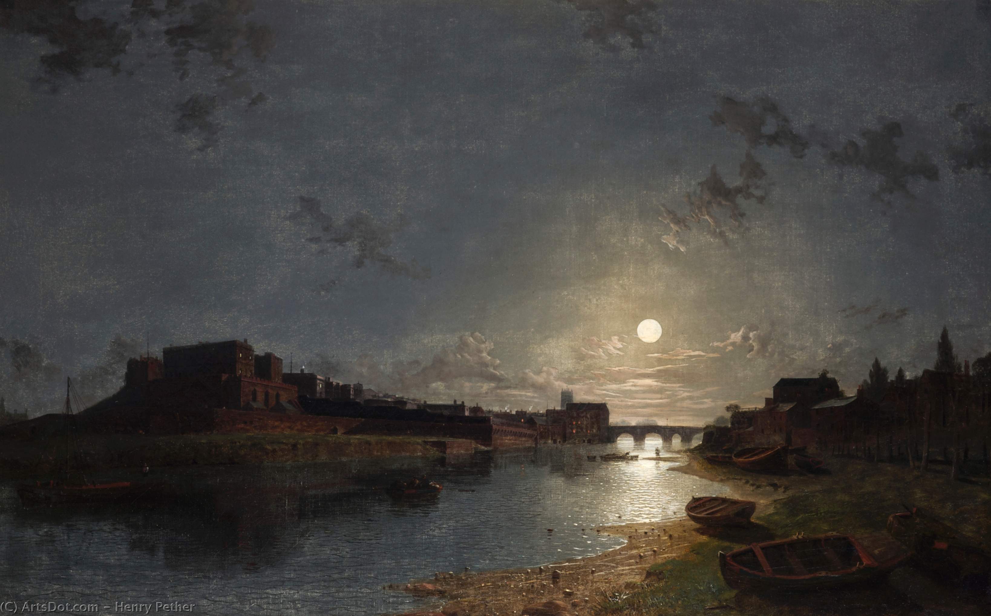 WikiOO.org - Εγκυκλοπαίδεια Καλών Τεχνών - Ζωγραφική, έργα τέχνης Henry Pether - Chester Castle By Moonlight