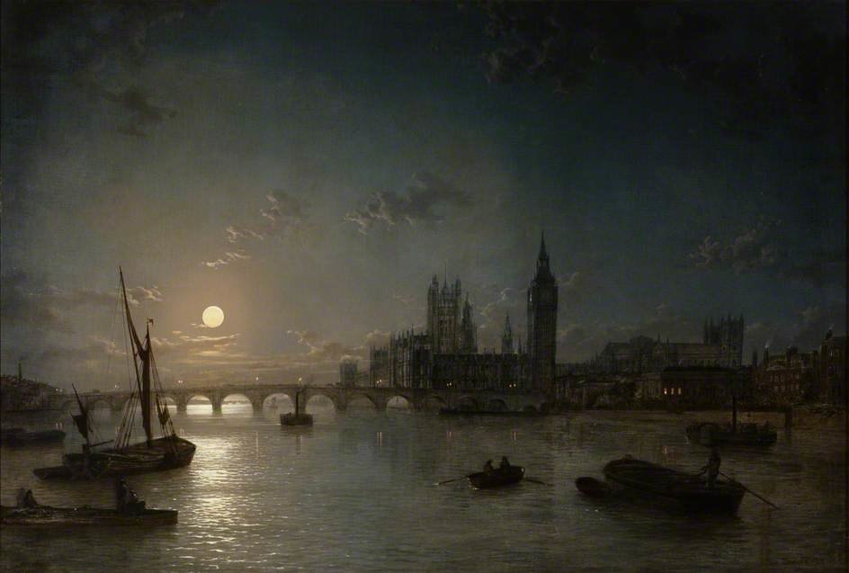 WikiOO.org - دایره المعارف هنرهای زیبا - نقاشی، آثار هنری Henry Pether - Houses Of Parliament From The Thames By Moonlight