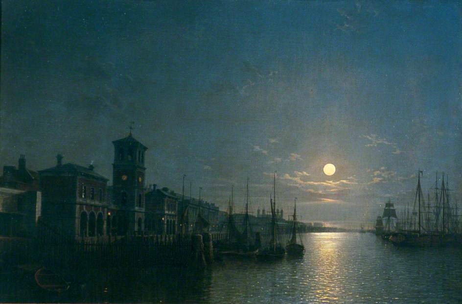 Wikioo.org - The Encyclopedia of Fine Arts - Painting, Artwork by Henry Pether - The Pool Of London, Billingsgate To The Tower, Moonlight