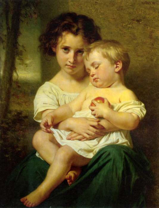 Wikioo.org – L'Encyclopédie des Beaux Arts - Peinture, Oeuvre de Hugues Merle - Jeune Fille locataire Un Enfant Endormi