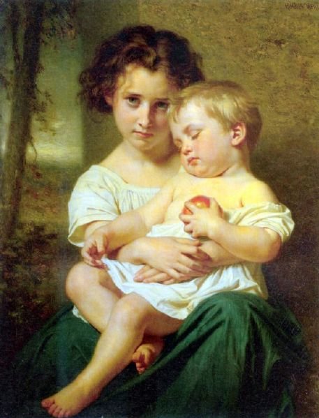 Wikioo.org - The Encyclopedia of Fine Arts - Painting, Artwork by Hugues Merle - Young Girl Holding A Sleeping Baby
