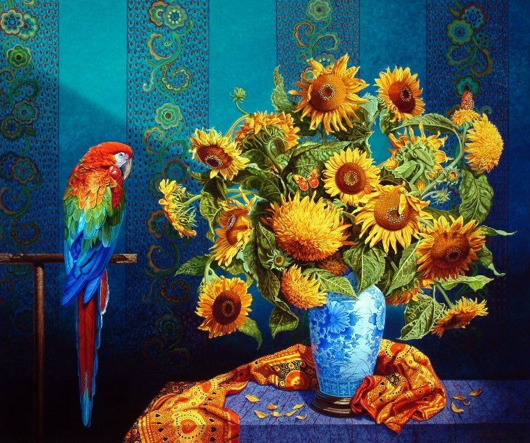 WikiOO.org - 백과 사전 - 회화, 삽화 Ian John Hornak - Sunflowers With Macaw
