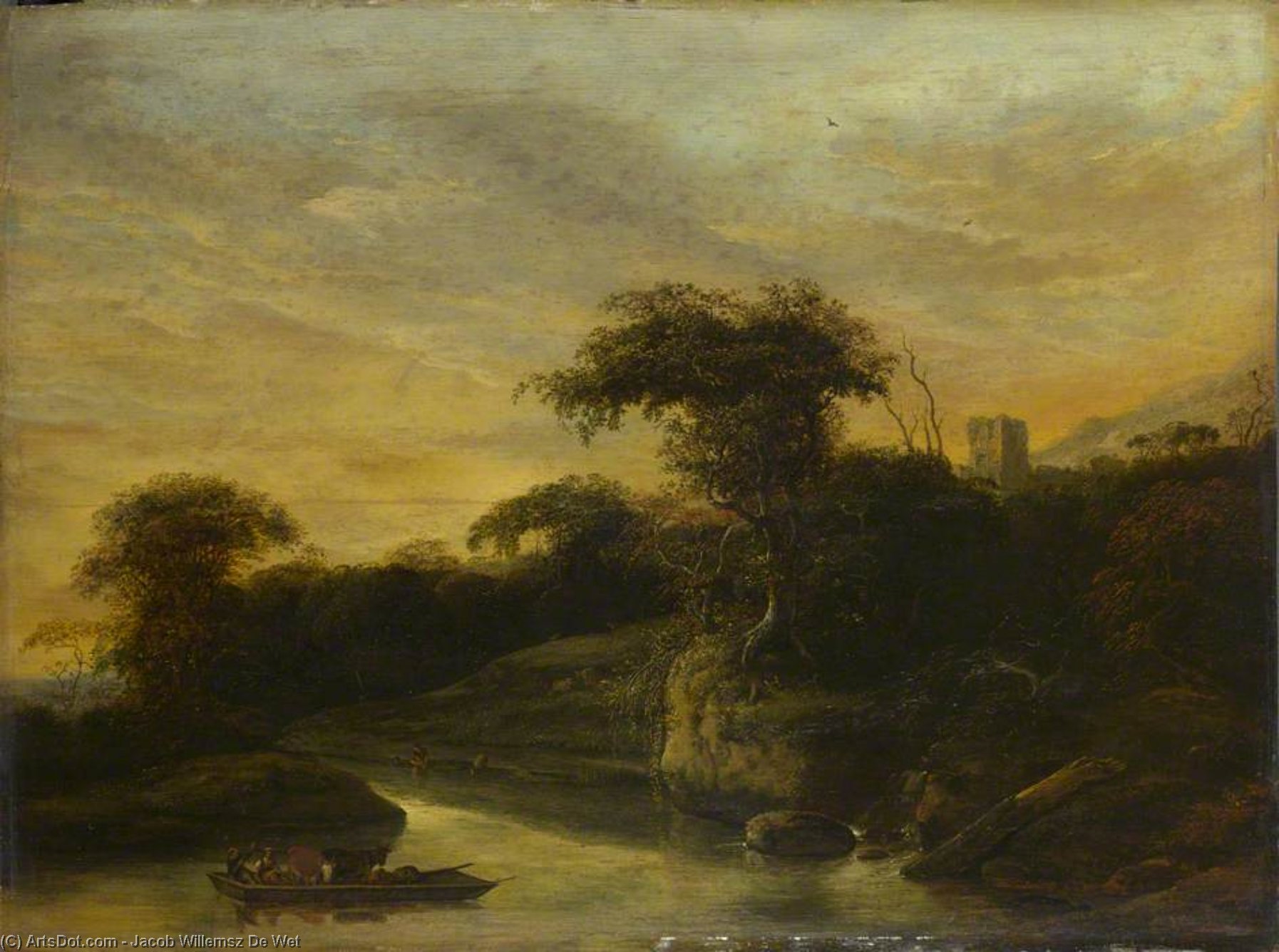 WikiOO.org – 美術百科全書 - 繪畫，作品 Jacob Willemsz De Wet - 一道风景线 用 在河 脚 的 一个 山