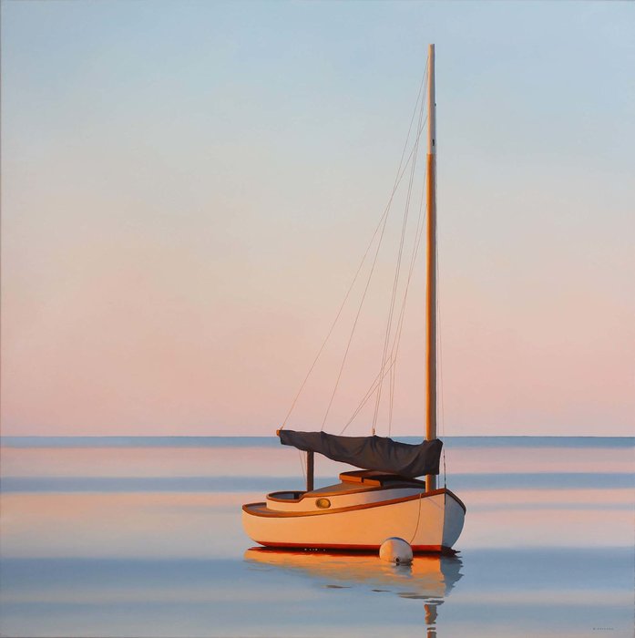 Wikioo.org - สารานุกรมวิจิตรศิลป์ - จิตรกรรม James Netherlands - Sunset With Catboat