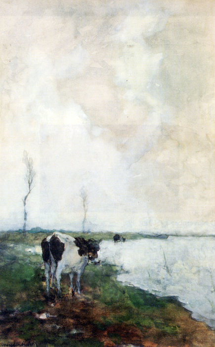 Wikioo.org – La Enciclopedia de las Bellas Artes - Pintura, Obras de arte de Jan Weissenbruch - Una vaca de pie junto a la orilla del agua en un pólder
