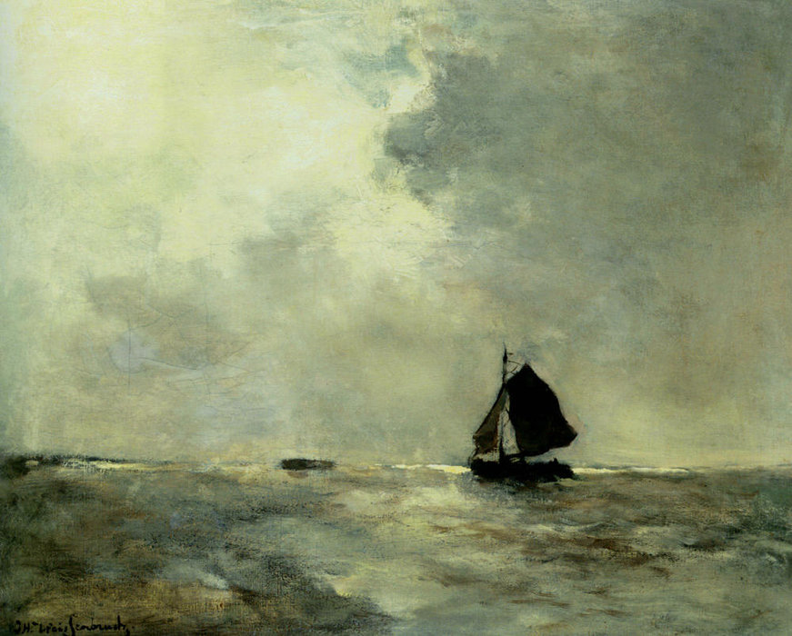 WikiOO.org - אנציקלופדיה לאמנויות יפות - ציור, יצירות אמנות Jan Weissenbruch - Sailing Boat In Choppy Seas
