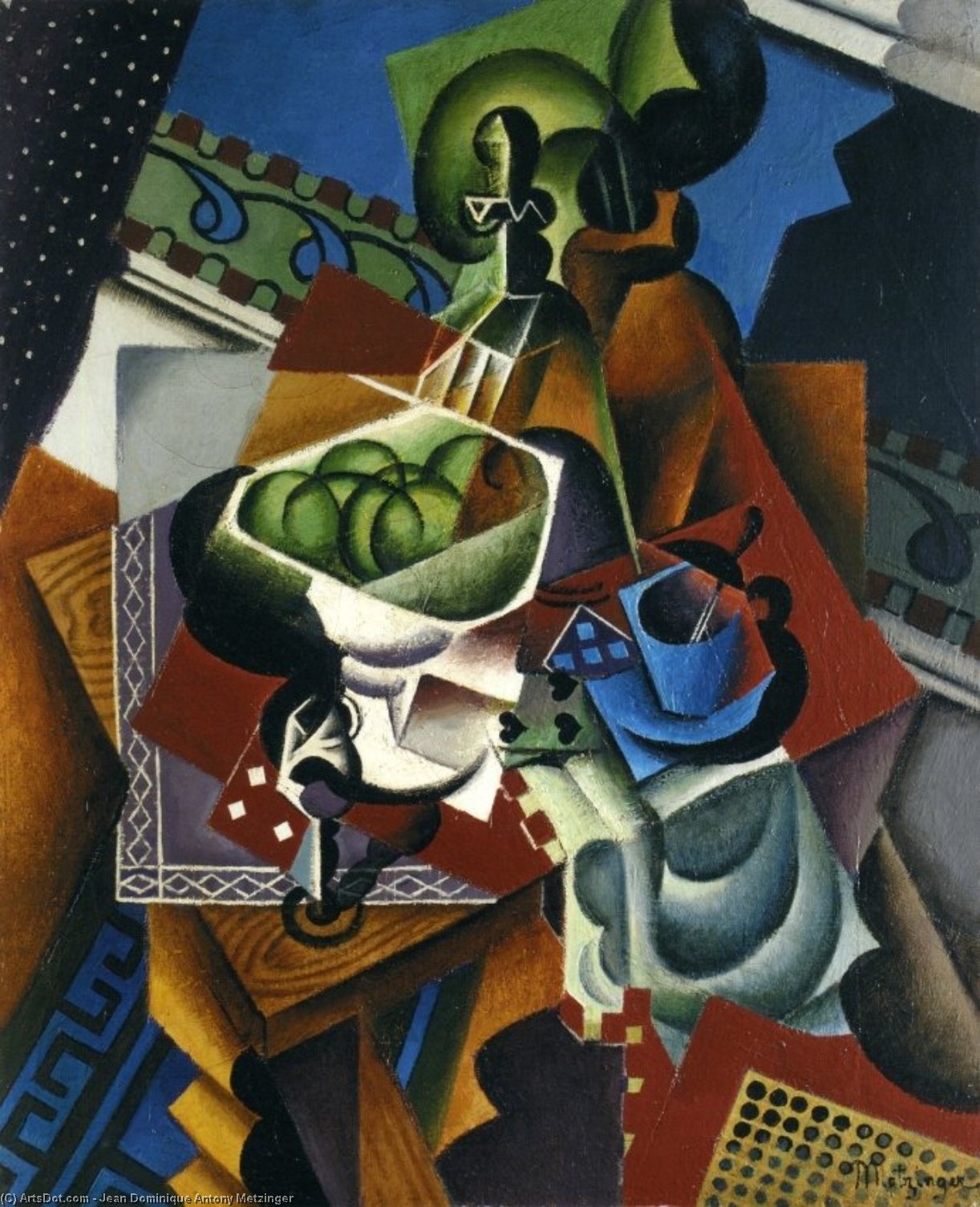 Wikioo.org - The Encyclopedia of Fine Arts - Painting, Artwork by Jean Dominique Antony Metzinger - Playing Cards, Coffee Cup And Apples,