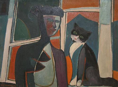 WikiOO.org - Енциклопедия за изящни изкуства - Живопис, Произведения на изкуството Jerzy Faczynski - Girl With Cat At The Window