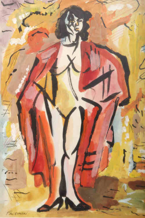 WikiOO.org - Енциклопедия за изящни изкуства - Живопис, Произведения на изкуството Jerzy Faczynski - Study Of A Woman Wearing A Red Gown, Signed Lower Left, Watercolour